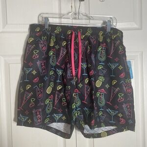 Tipsy Elves Neon Nighcap Swim Trunks Men XXL Black Cocktails Mesh Lining Pockets